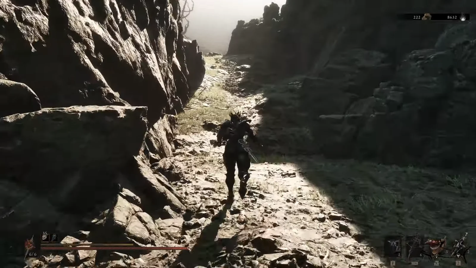 Warrior running along a narrow sunlit rock path in Blackridge Pass