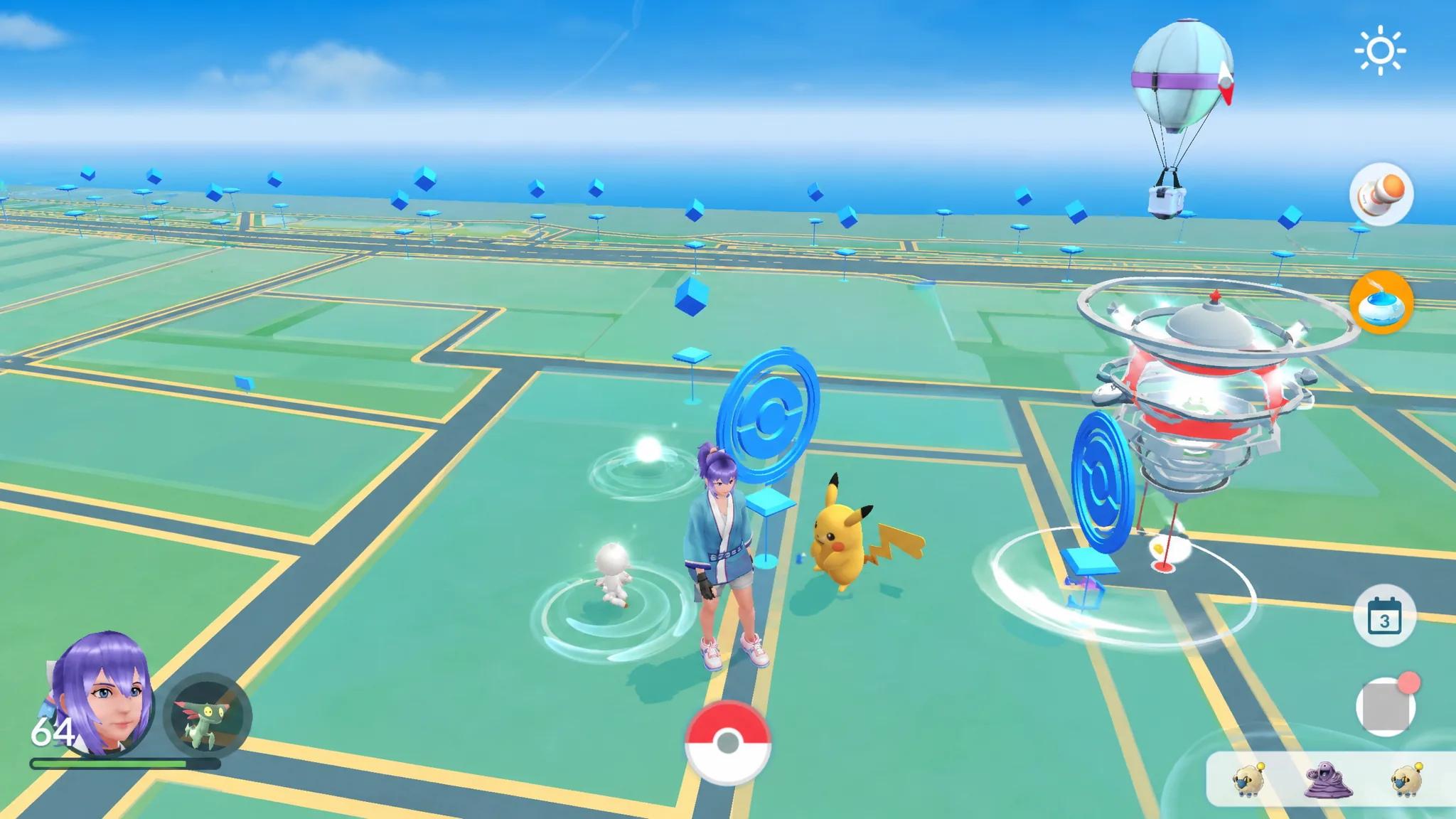 A Pikachu earned from a Stamp Rally on the Pokémon Go world map