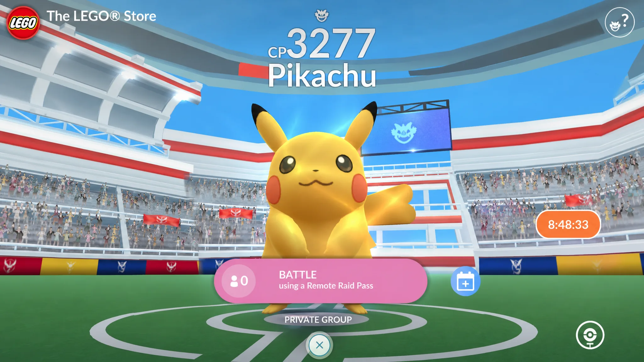 A Pikachu raid boss in a Lego Store Gym in Pokémon Go