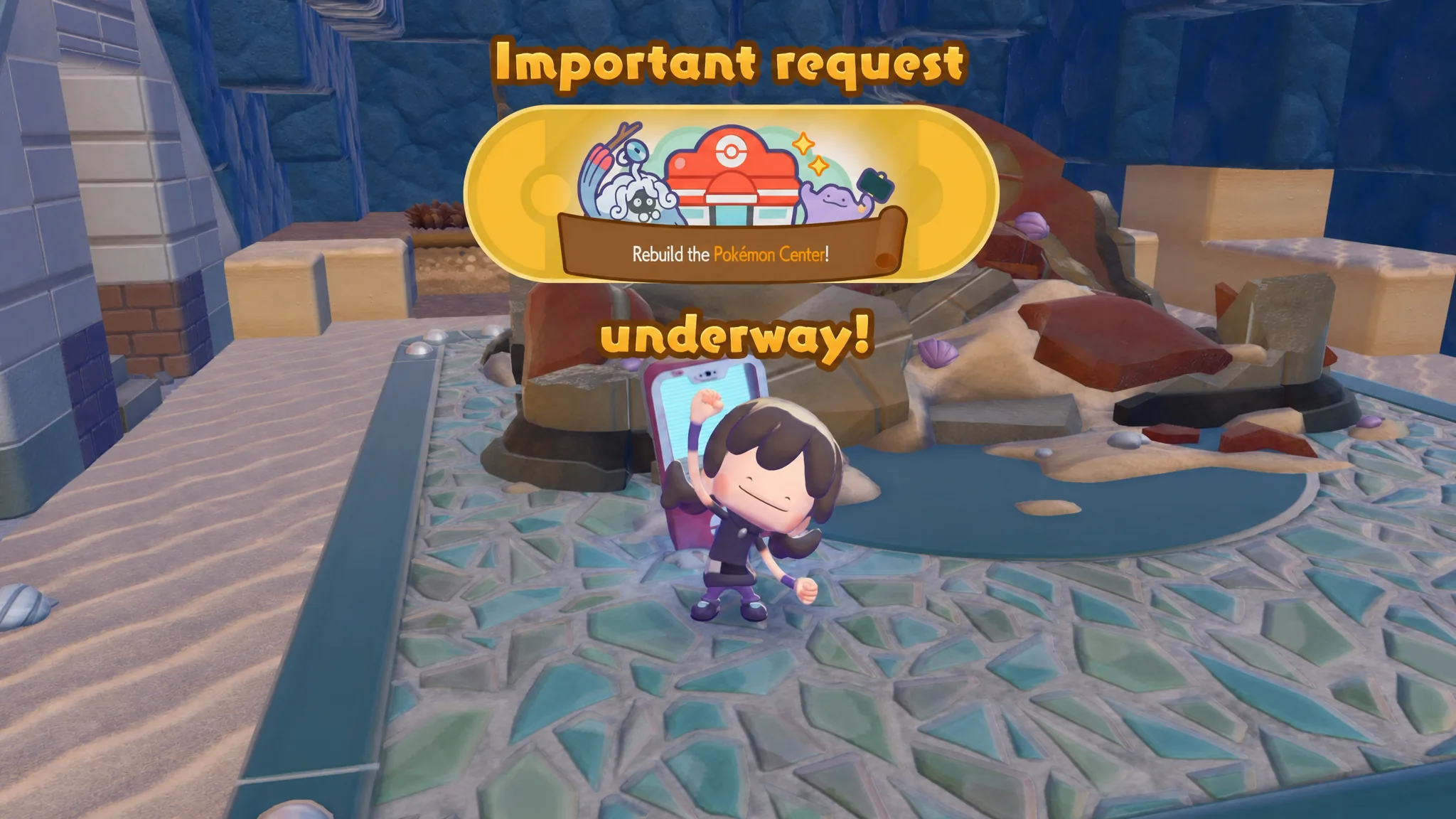Starting the Important Request to rebuild the Bubbly Basin Pokémon Center in Pokémon Pokopia