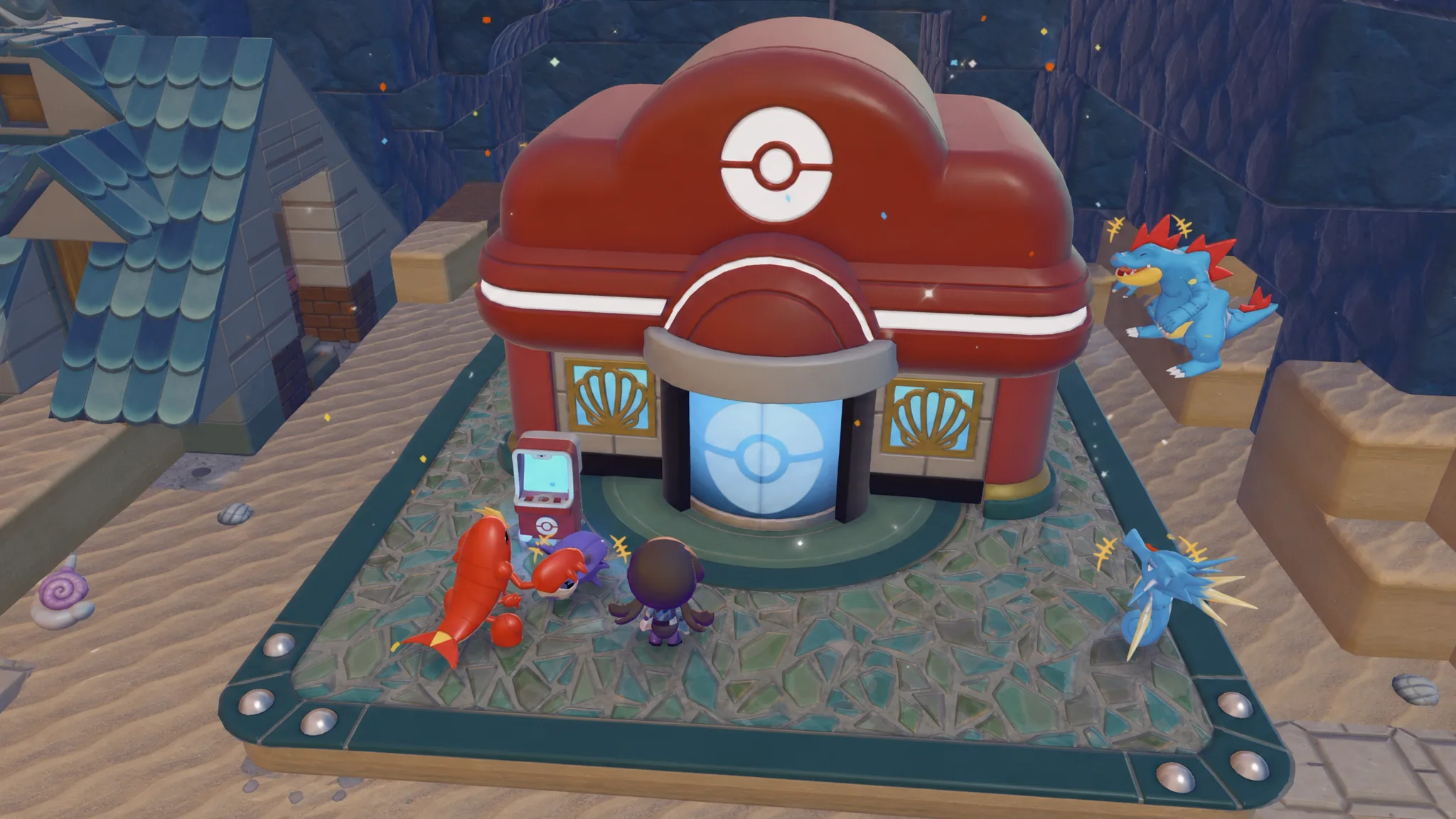 The rebuilt Bubbly Basin Pokémon Center in Pokémon Pokopia