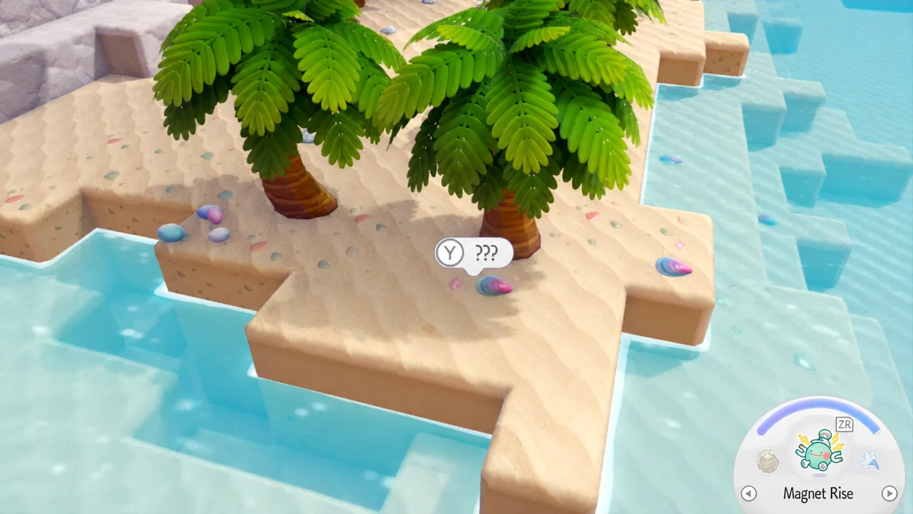 Collecting a Prism Scale on a beach on the Pikachu Doll Dream Island in Pokémon Pokopia