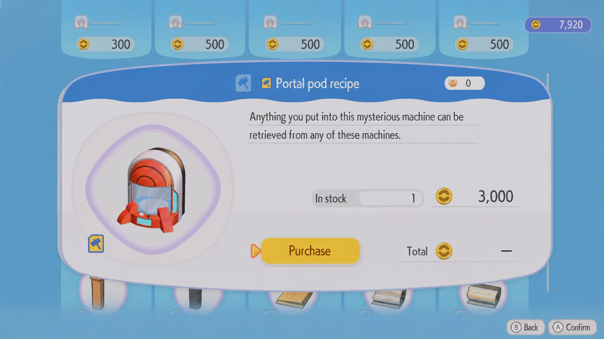 Purchasing the Portal Pod recipe in Pokémon Pokopia