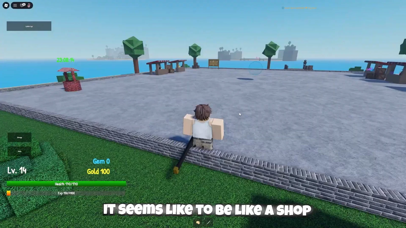 Player character approaching a plaza lined with vendor stalls on the marketplace island