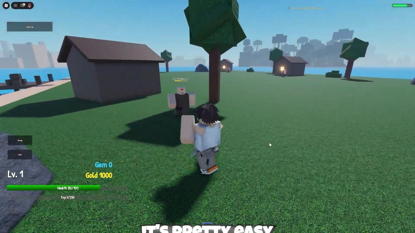 Player approaching an Evil Villager Lvl 1 NPC in the village with level, gem, and gold shown on the HUD