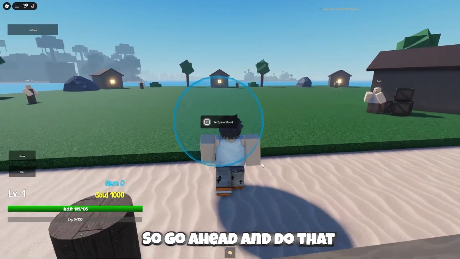 The SetSpawnPoint interaction prompt highlighted in a blue circle on the starter island
