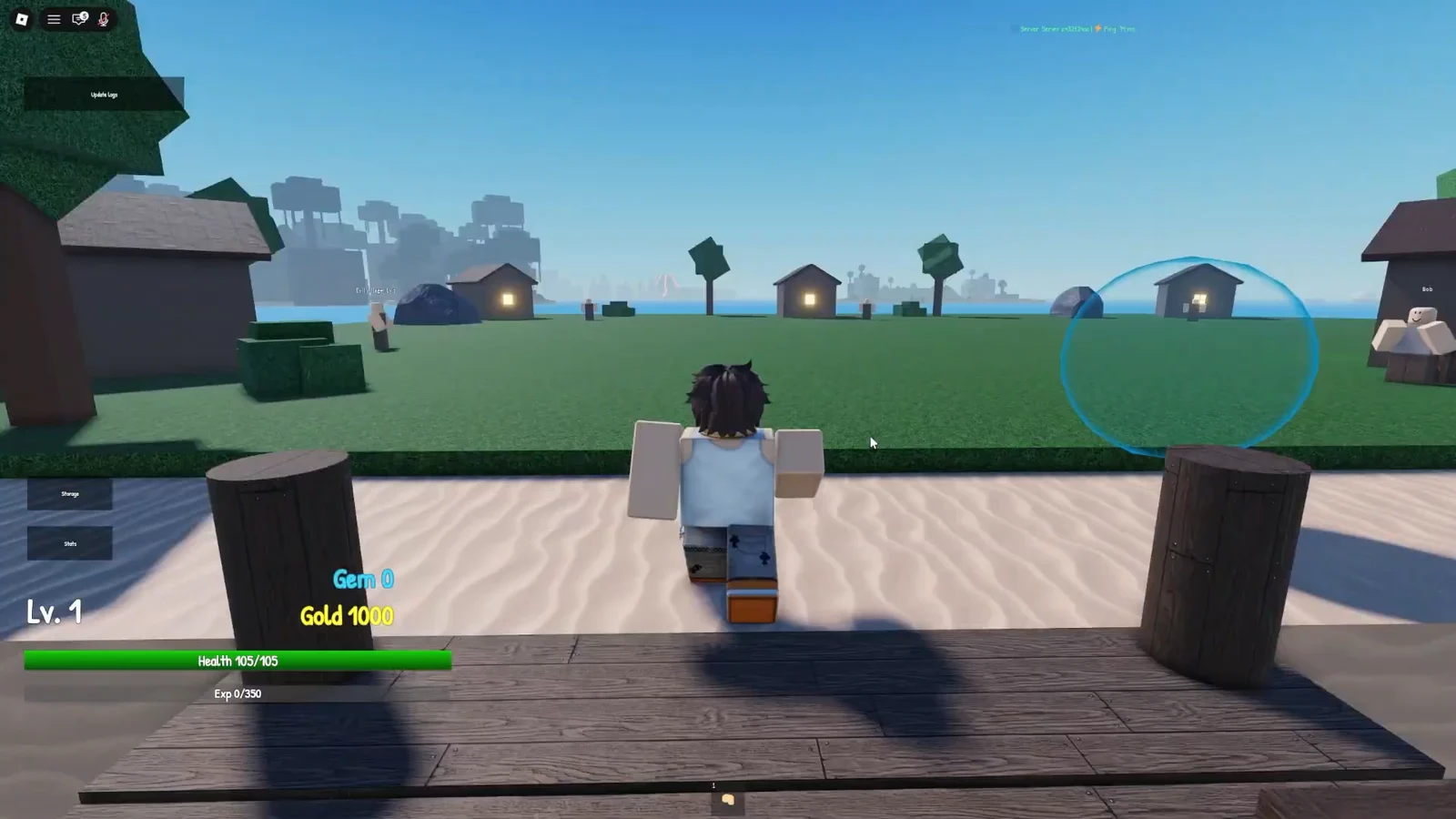 Level 1 avatar walking from the dock into the starter village with health, gems, and gold on the HUD