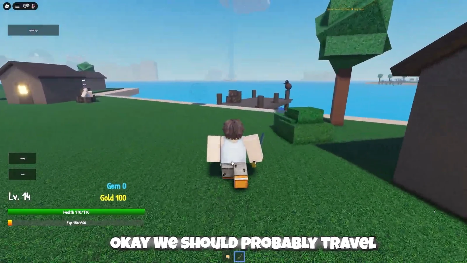 Level 14 character crossing the grassy island toward the seaside dock with the sword slot selected