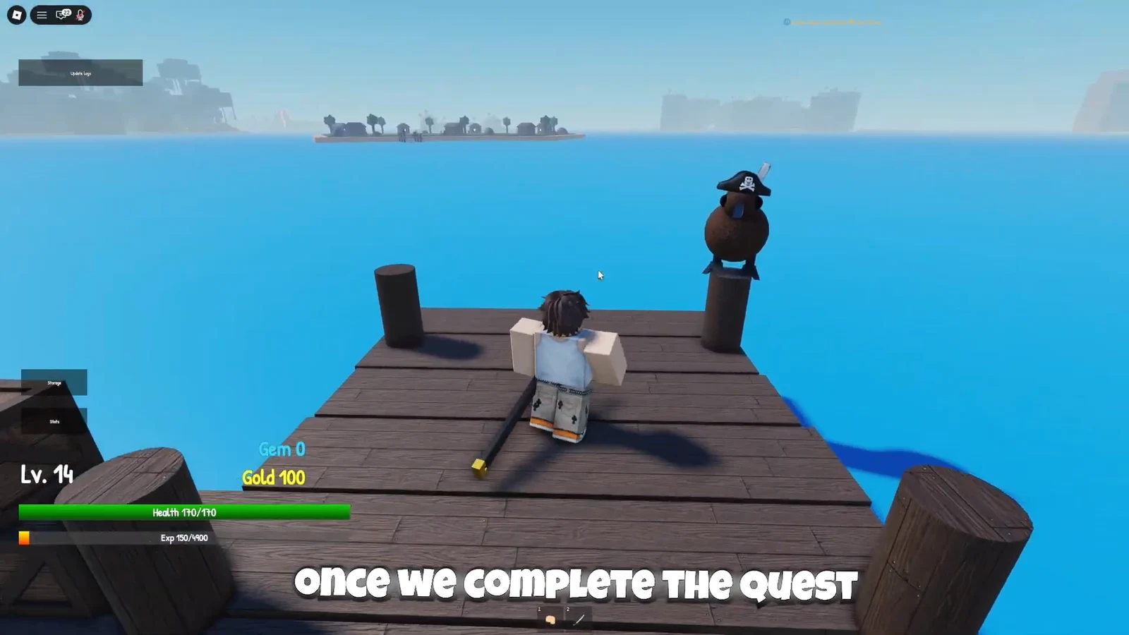 Player standing on a wooden dock beside a pirate figure while accepting a quest