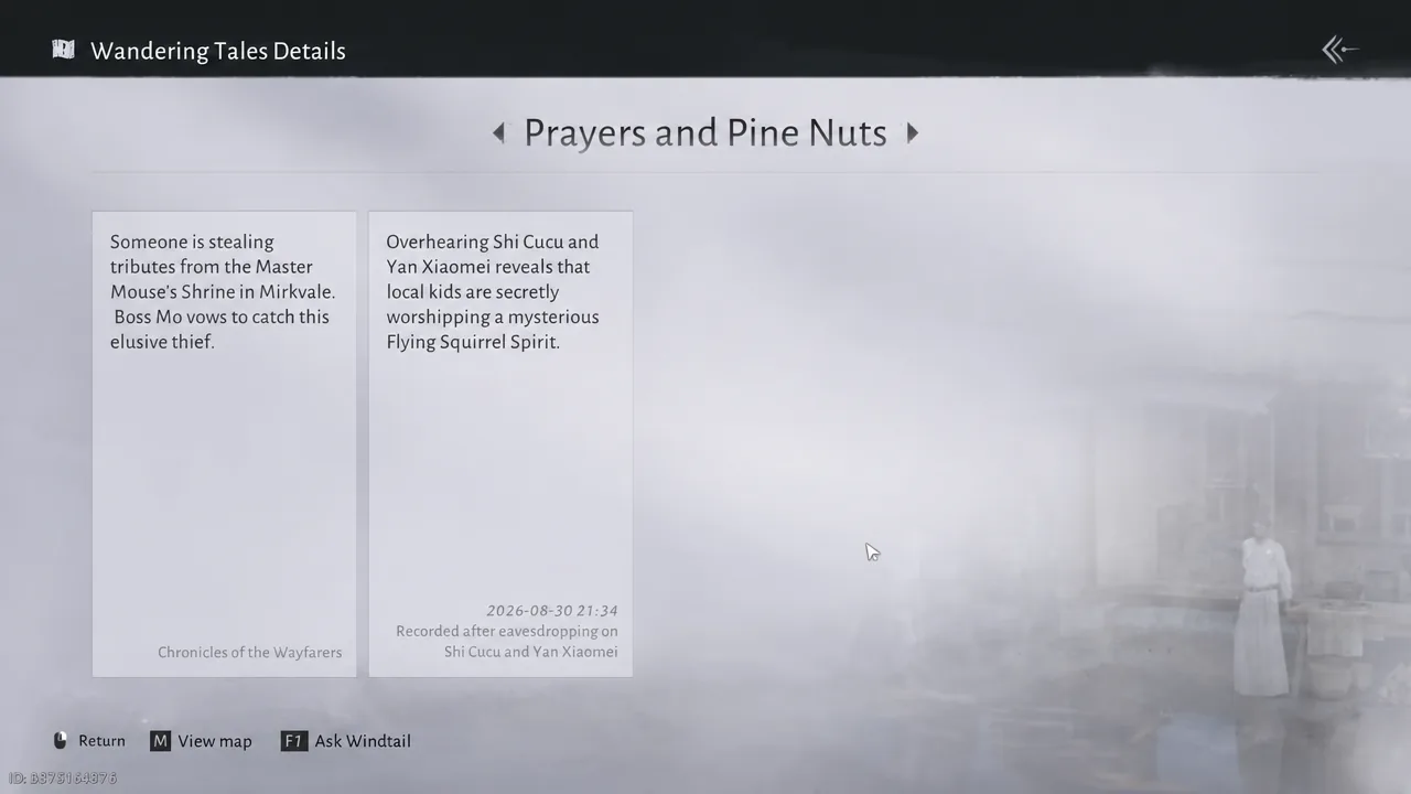 Wandering Tales details screen with the Prayers and Pine Nuts entry selected on the left