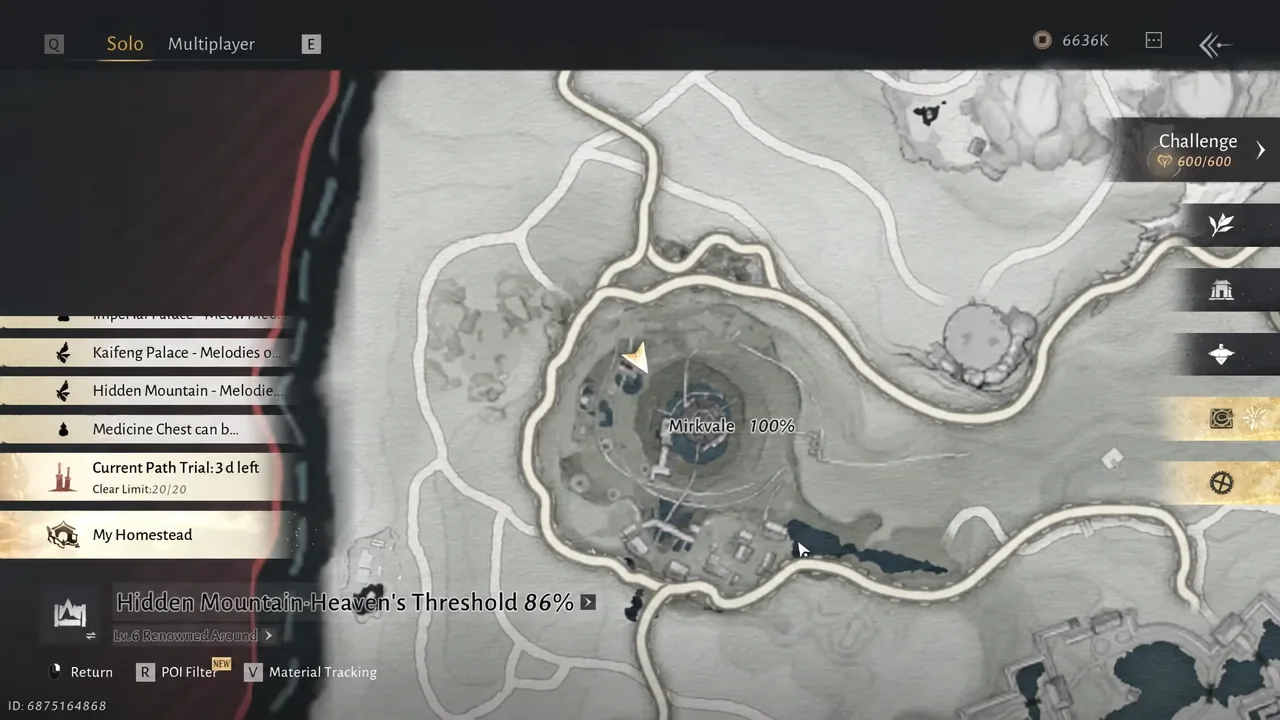 Hidden Mountain Heaven's Threshold map view with a route marked toward the upper village area