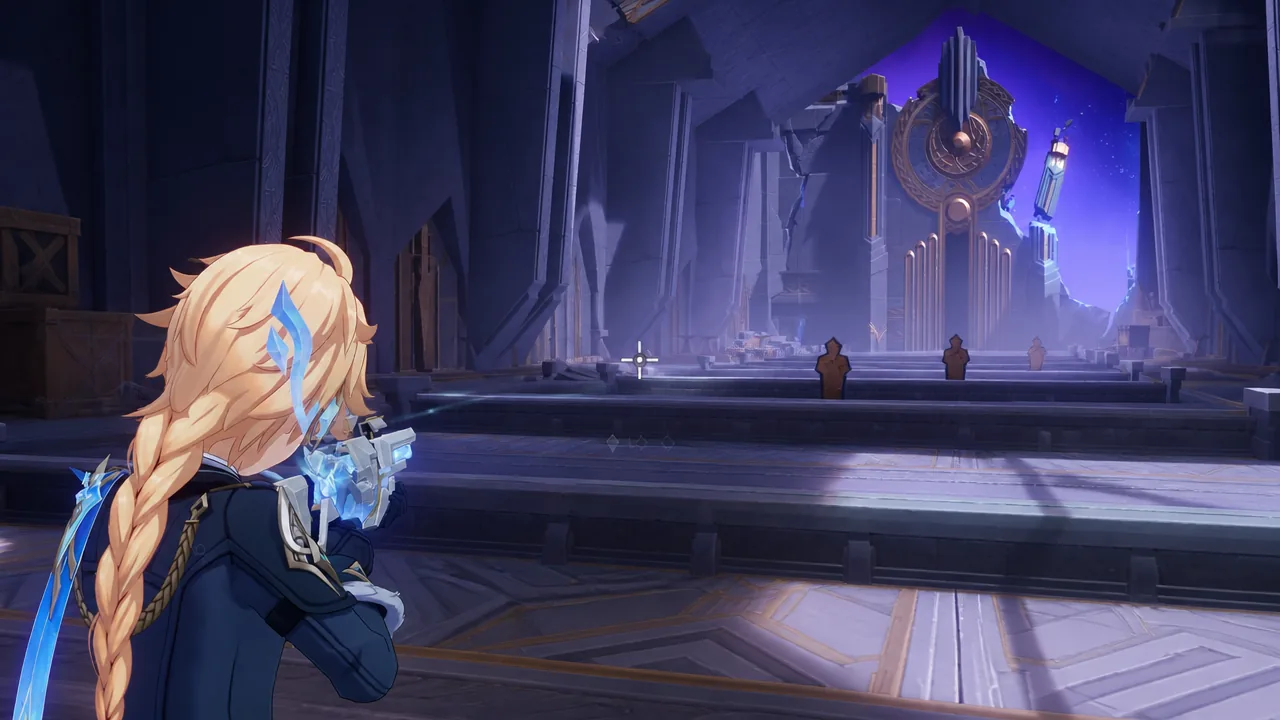 Aether in his outfit from Snezhnaya in the preview build of Genshin Impact version 7.0 at the shooting range practicing with the new gun gamplay
