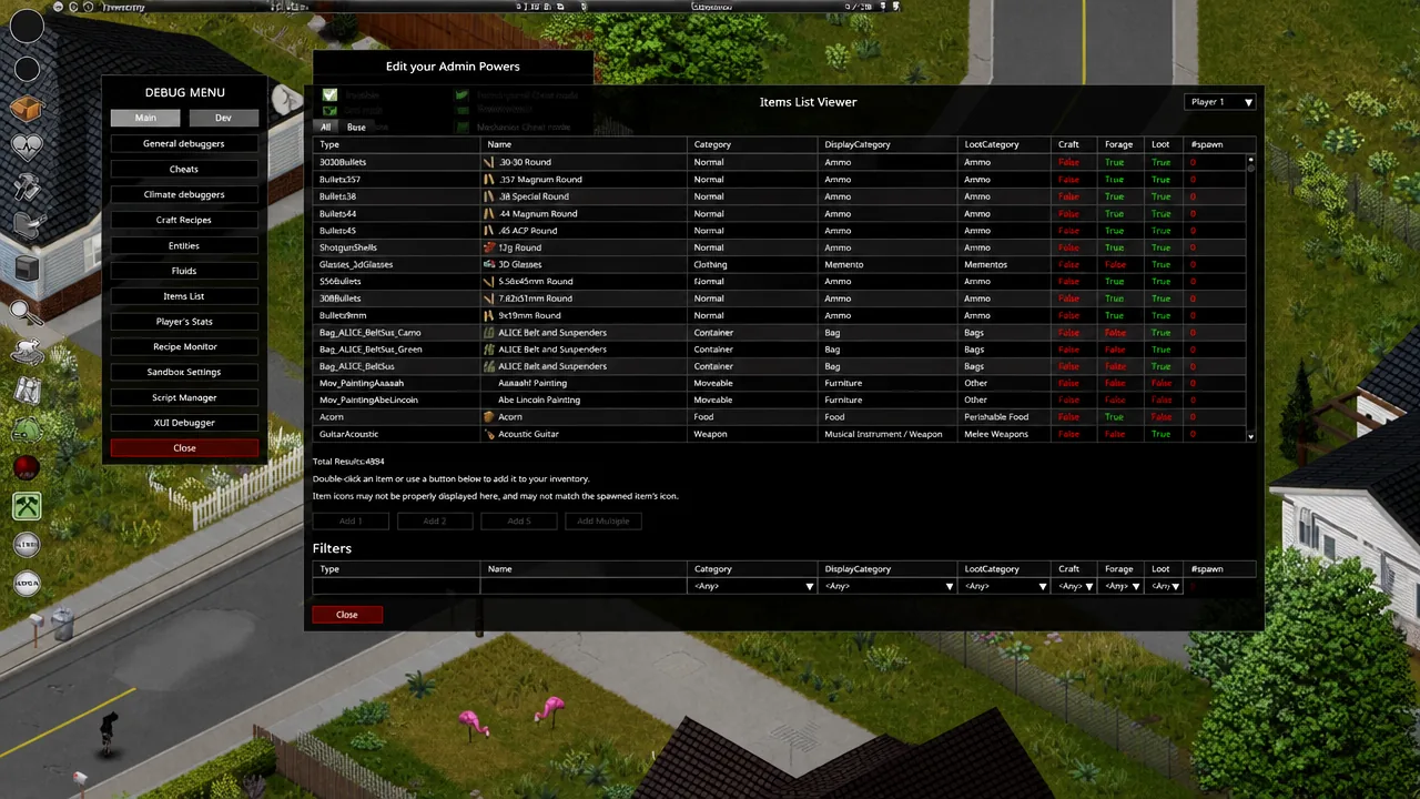 PZ Items List menu