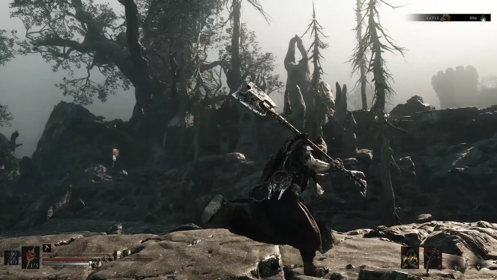 Armored player swinging a polearm in a rocky forest with health meters on screen