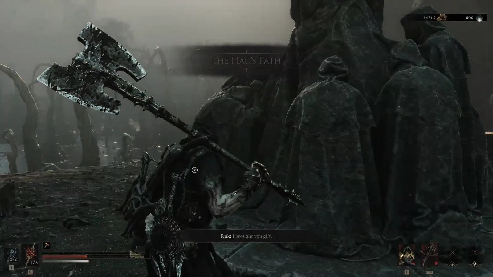Player approaching a large Hag's Path statue as Ruk's gift dialogue appears