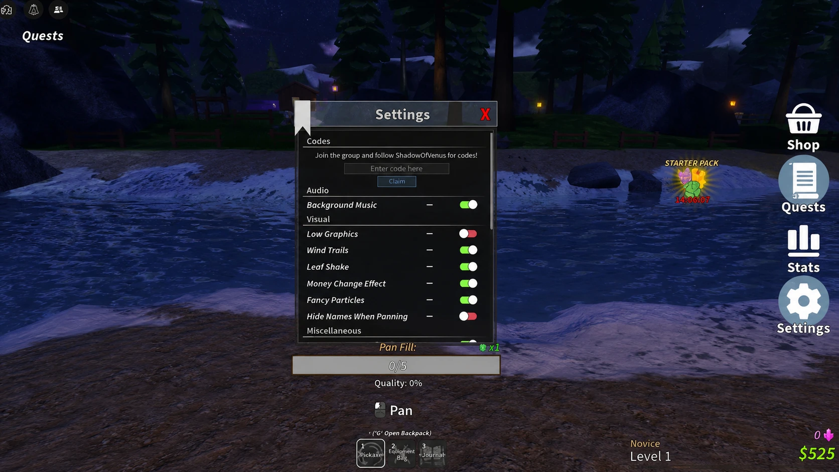 Prospecting codes redemption screen with a settings menu in front of a river and trees