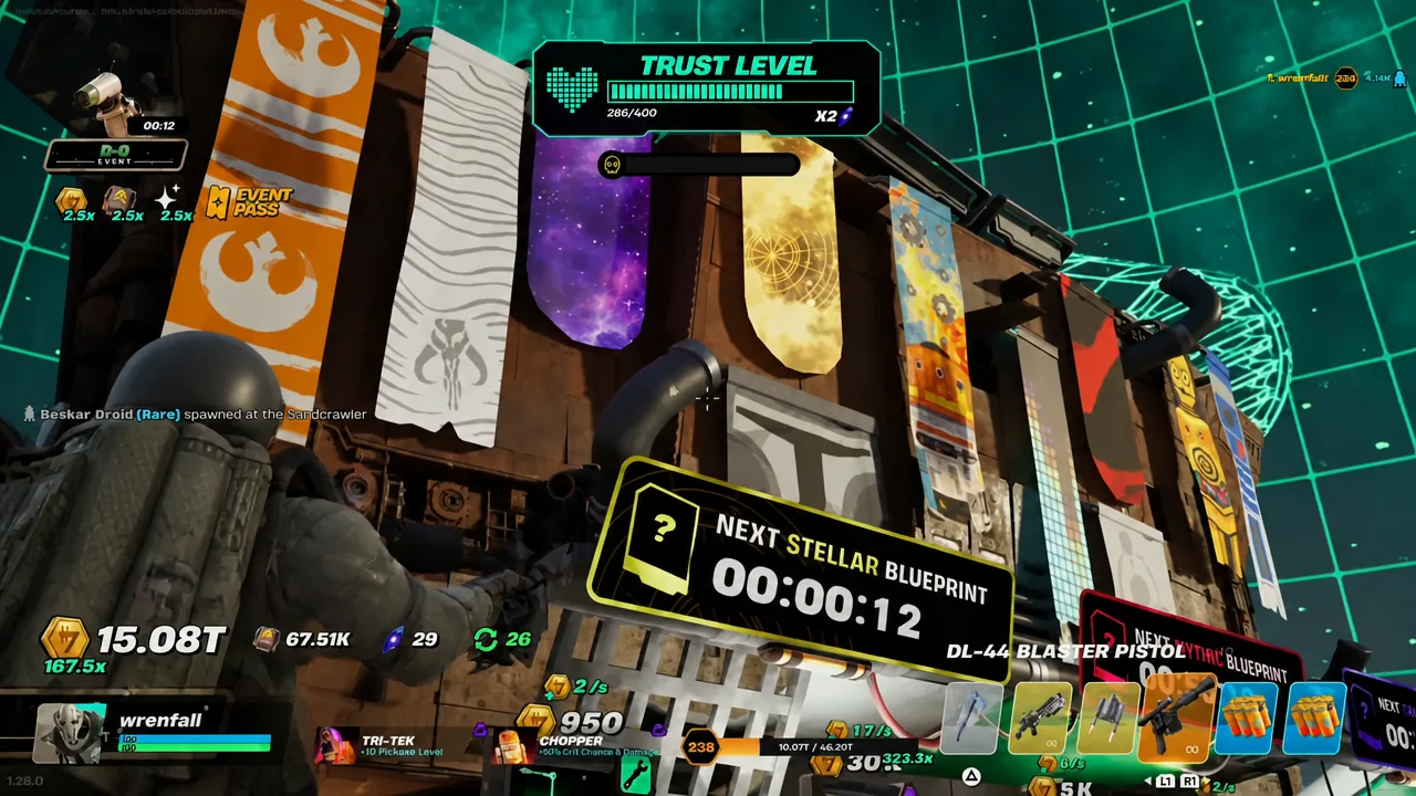 Droid Tycoon HUD showing the Trust Level meter and a blueprint countdown while the player faces the Sandcrawler