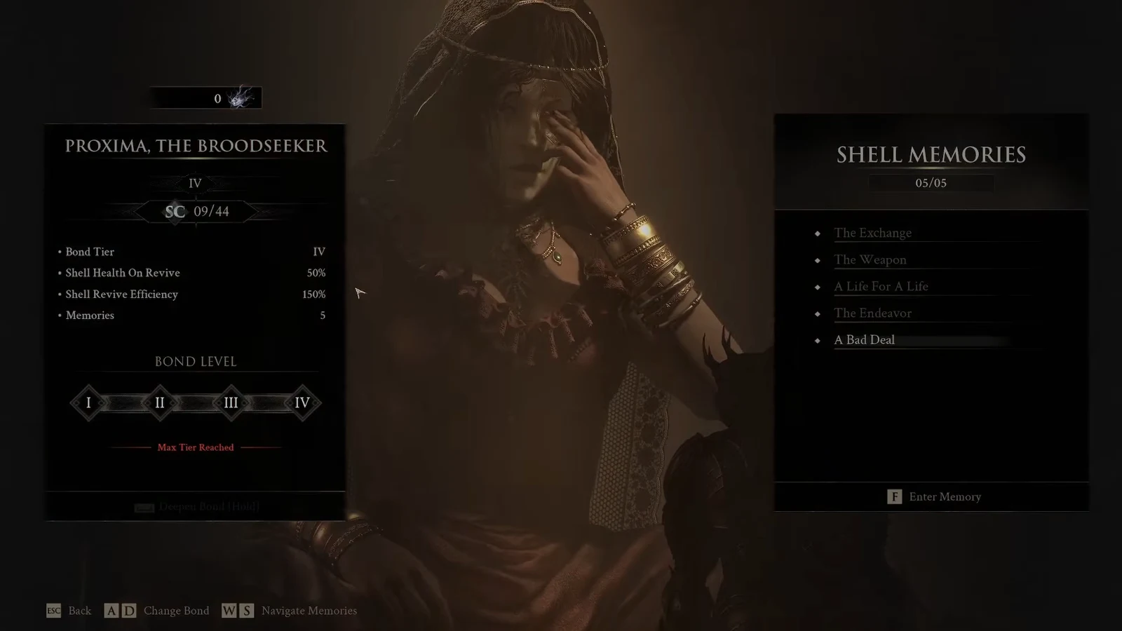 Proxima's Shell Memories menu showing 05/05 memories unlocked with a prompt to enter
