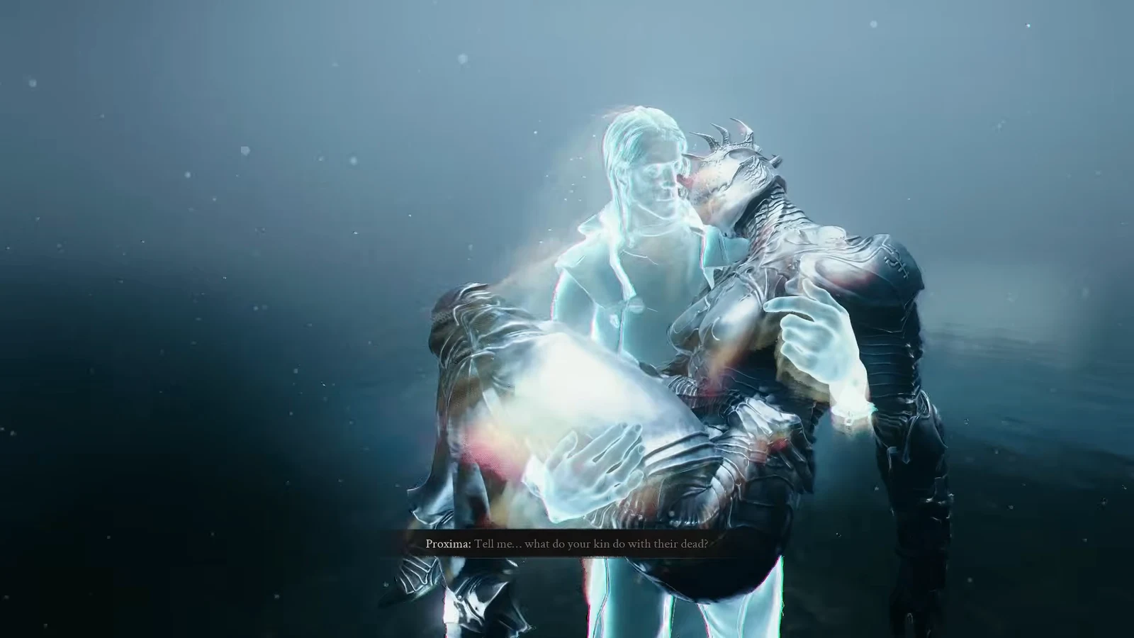 Proxima's dialogue subtitle asks Merrick what his kind do with their dead