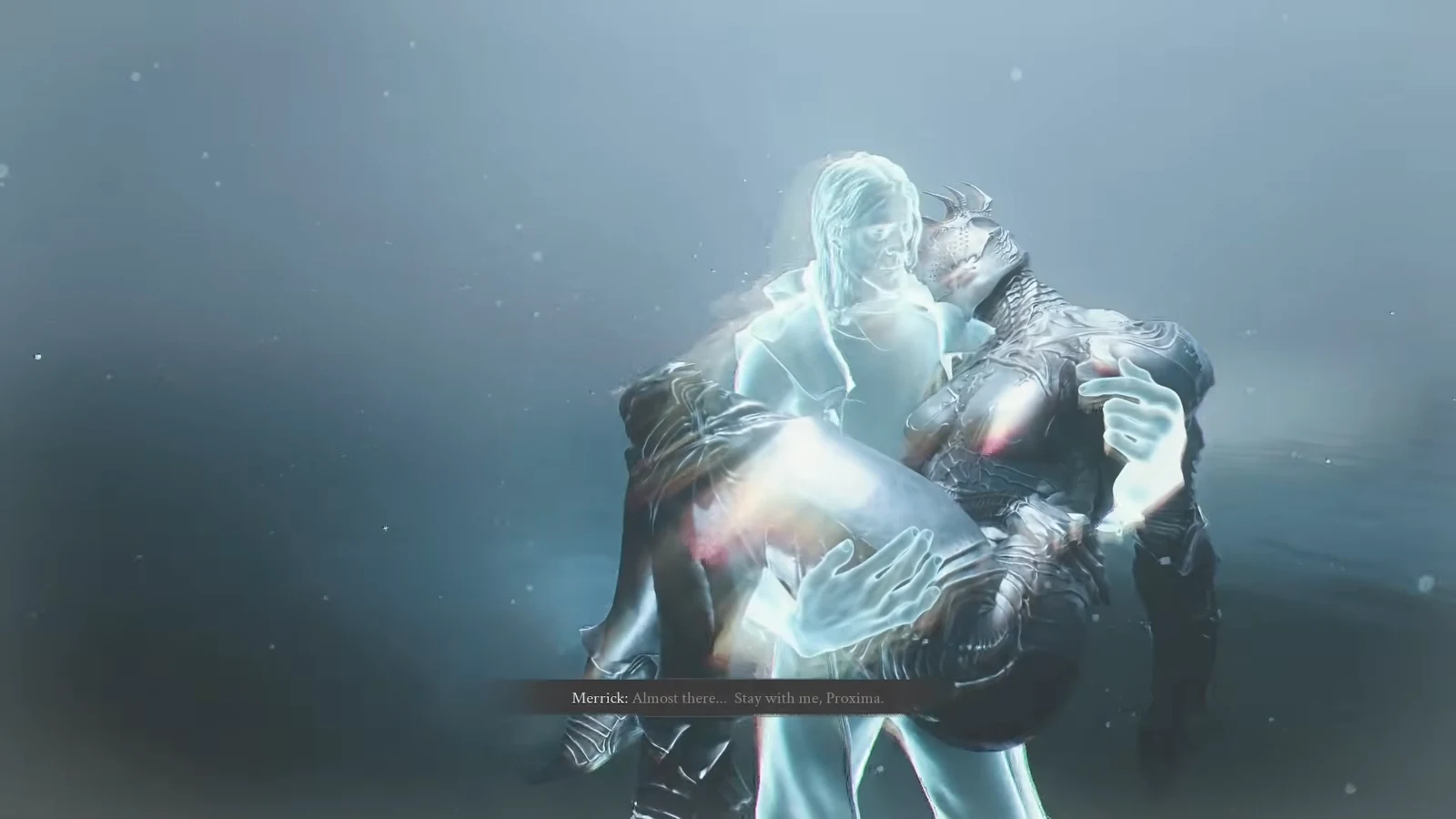 Merrick carries a wounded Proxima through a ghostly scene, telling her to stay with him