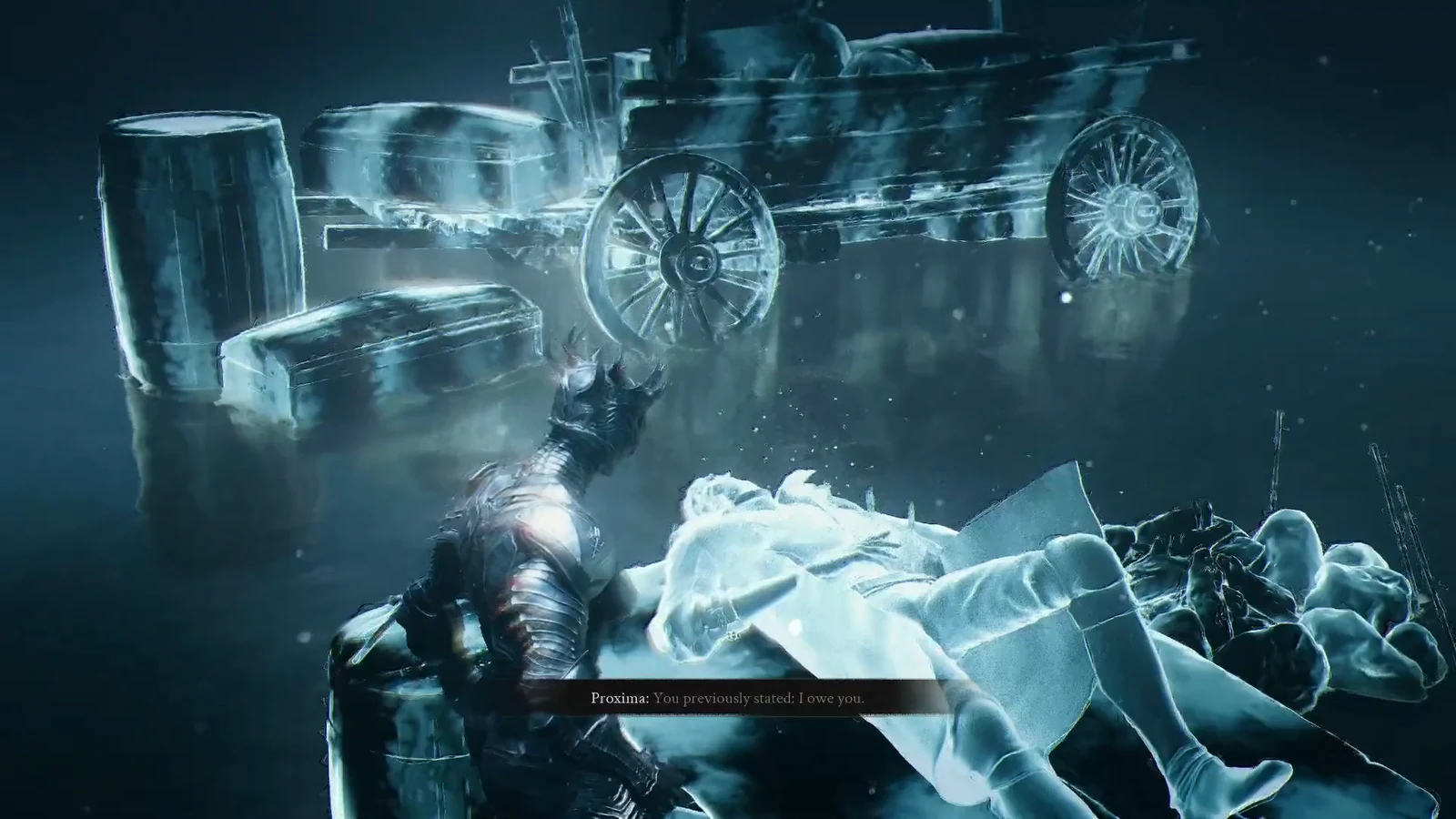 Armored Proxima facing a frozen figure with the subtitle recalling that Merrick said he owed her