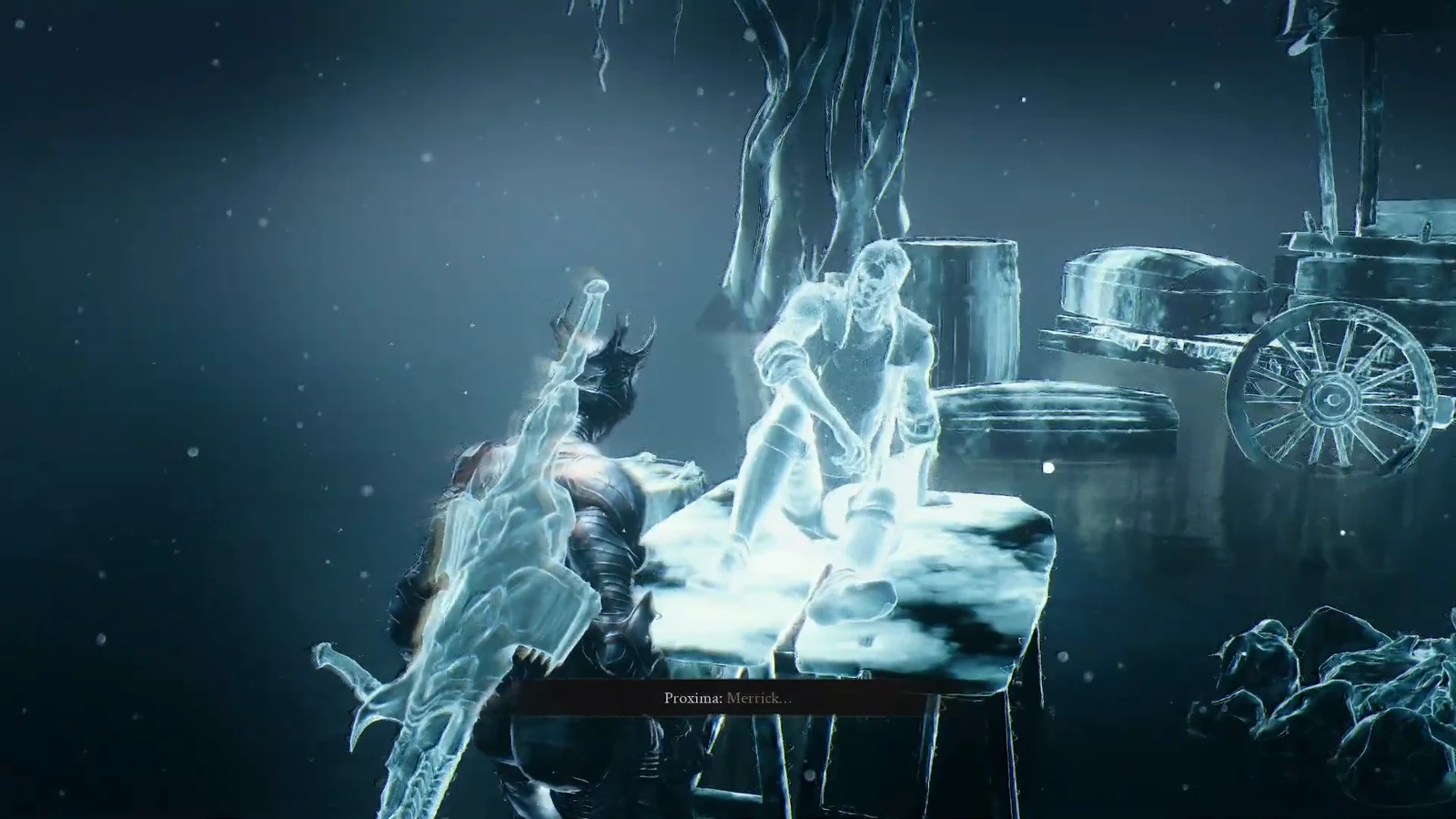 Character standing near a ghostly seated figure as Proxima addresses Merrick by name