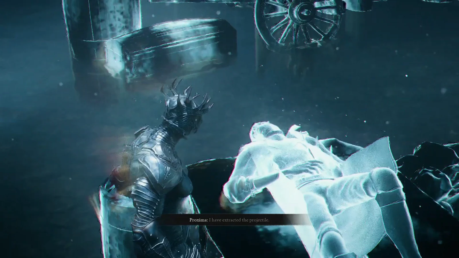 Proxima removing a projectile from a glowing fallen figure with the subtitle about extracting the projectile
