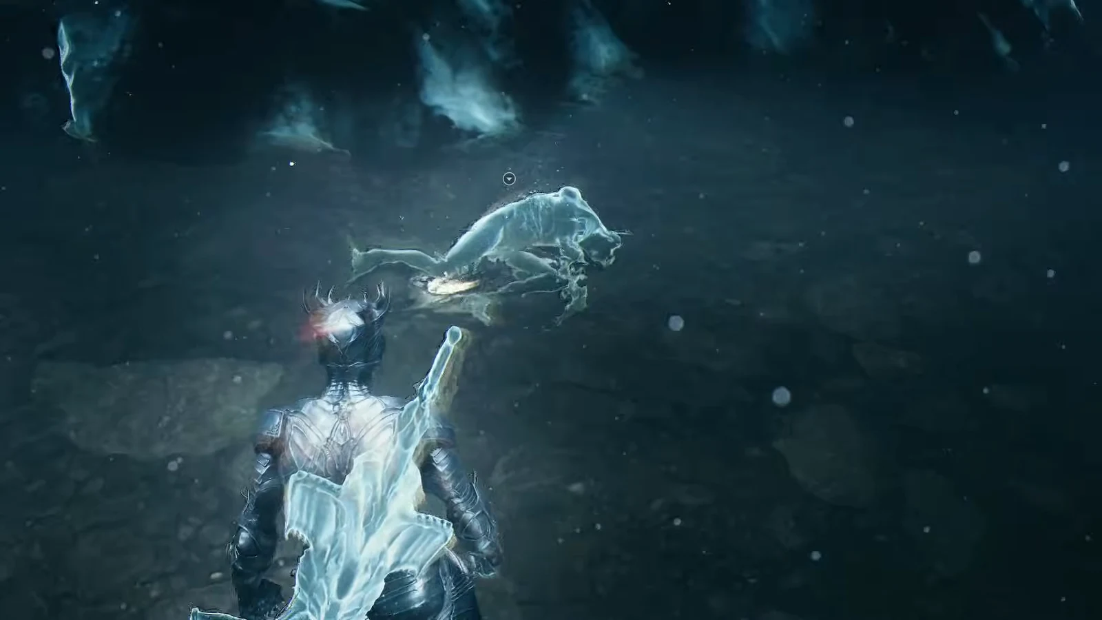 Armored character raising an icy ranged weapon at a glowing enemy centered in the targeting reticle