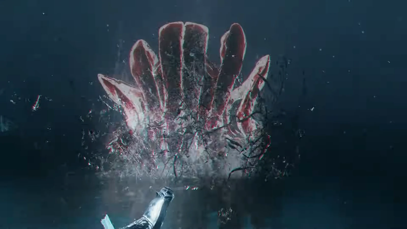 Proxima firing a continuous energy beam from a hand-mounted weapon at the red Hexapod