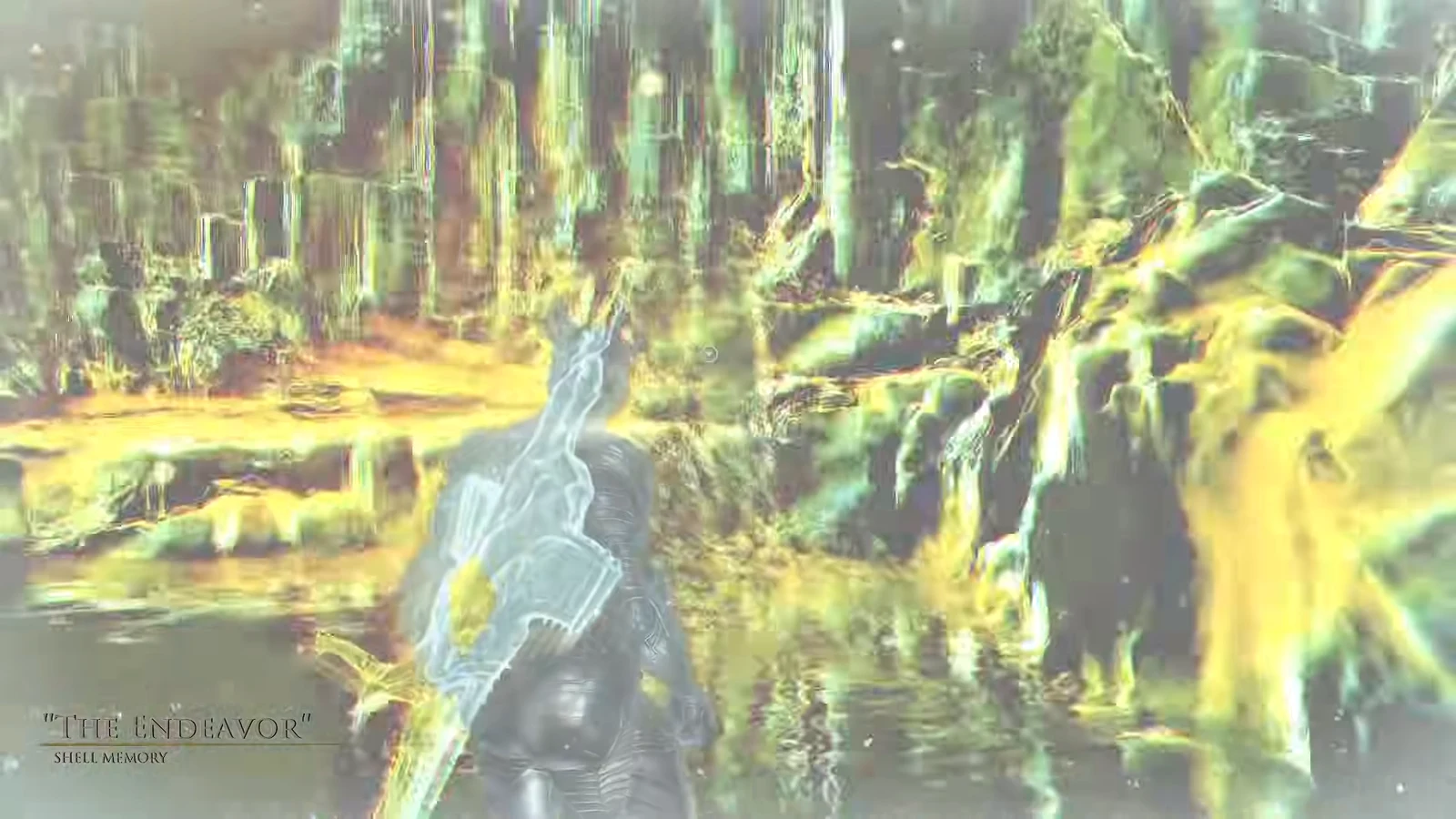 Proxima's spectral form standing in a frozen cavern beside a glowing crystal formation