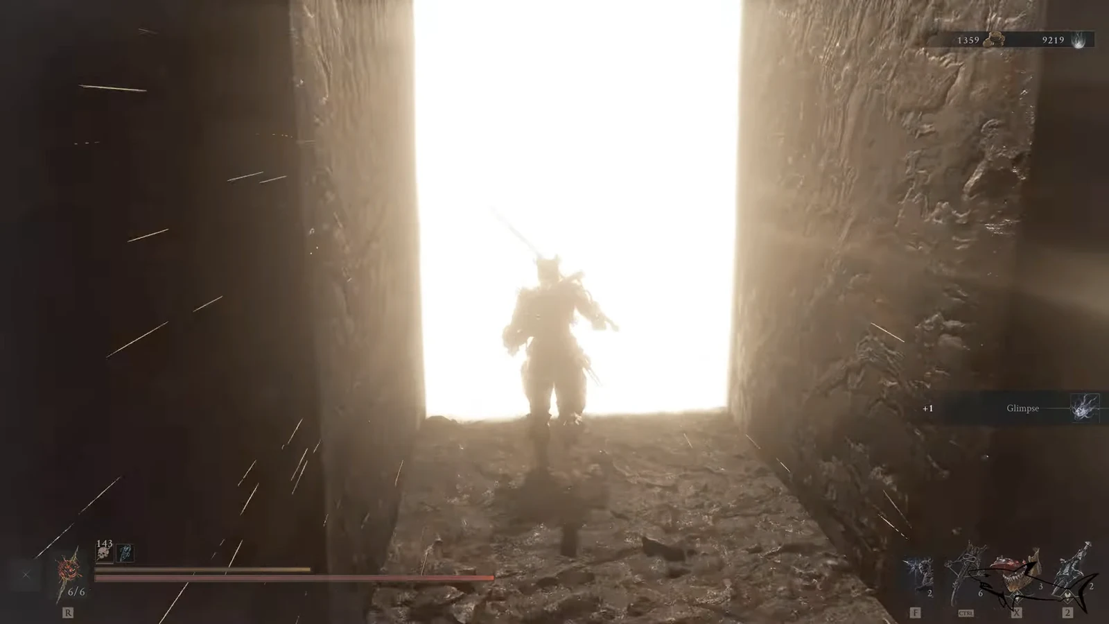 Character walking through a bright doorway with health, resources and equipment shown on the HUD