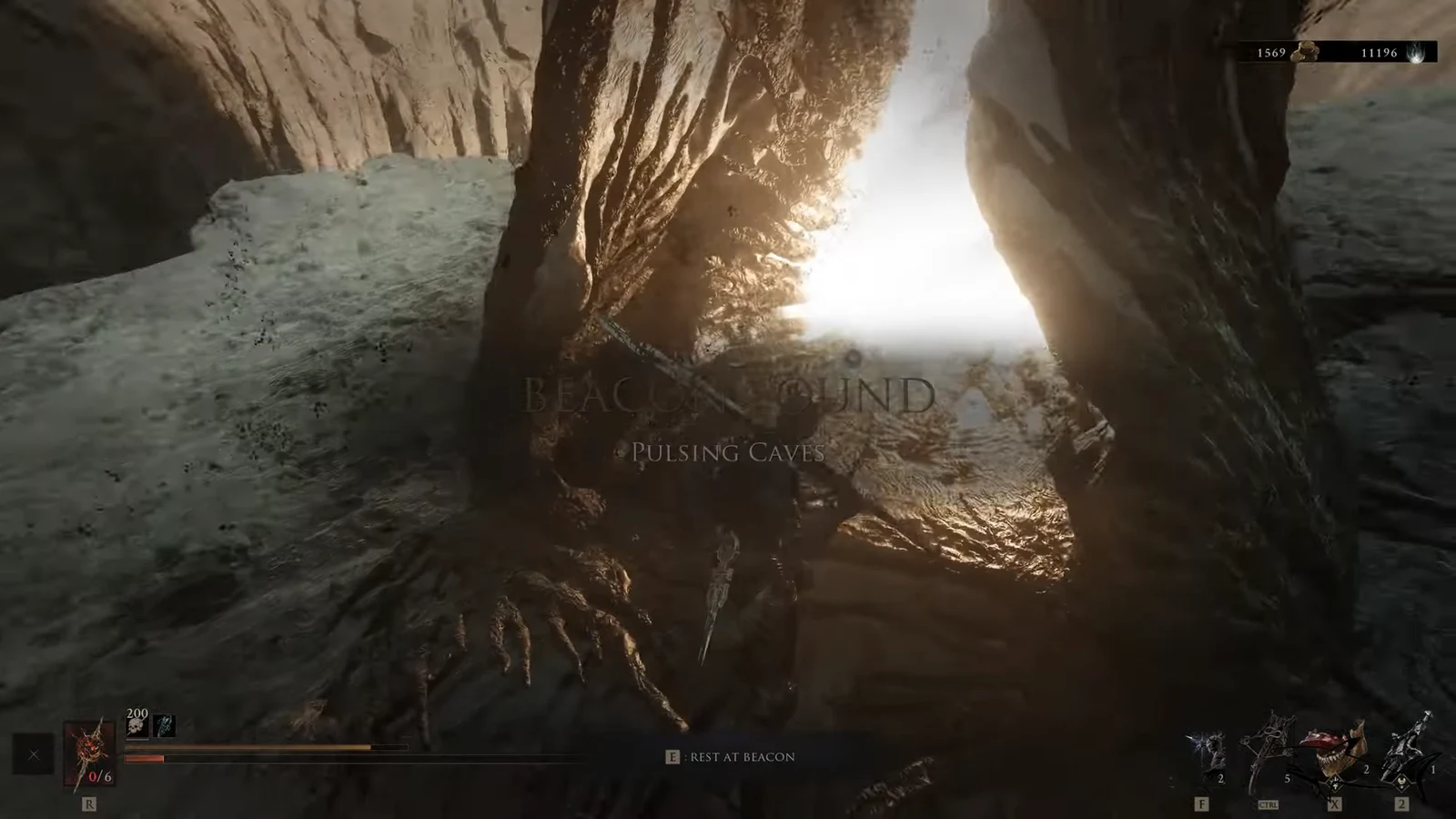 The Pulsing Caves beacon with a Rest at Beacon interaction prompt on screen