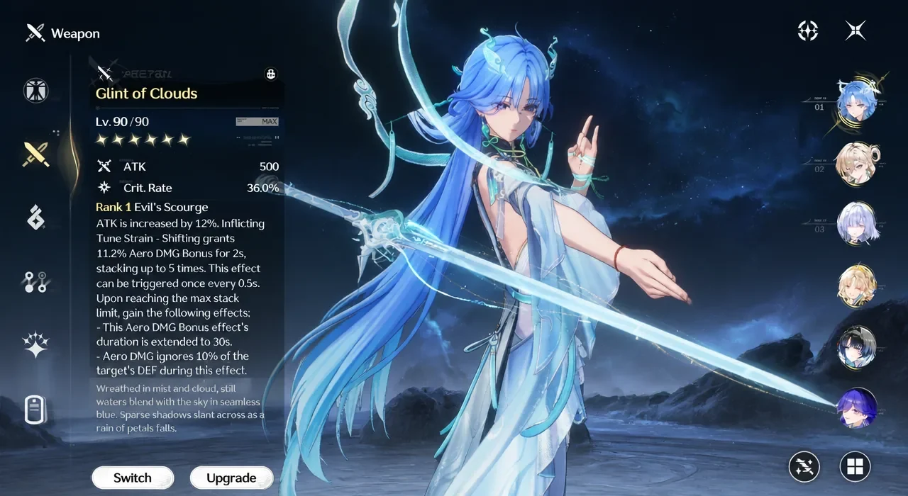 Weapon menu with Glint of Clouds selected, showing its level, stats and Evil's Scourge passive