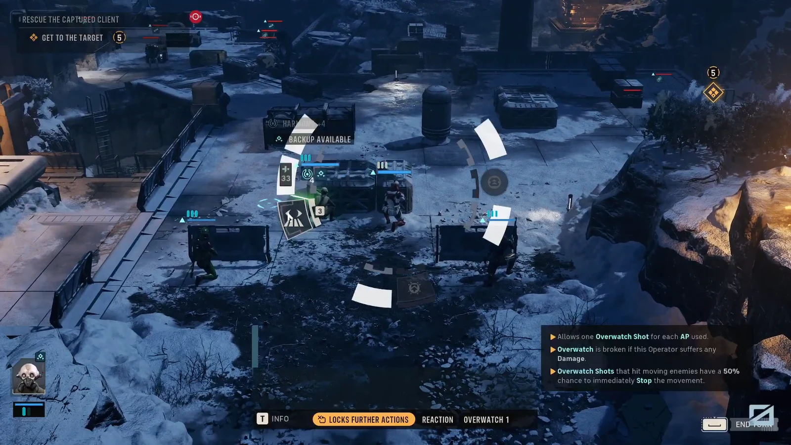 Tactical combat screen with Overwatch selected, locking the operator into reaction fire for the turn
