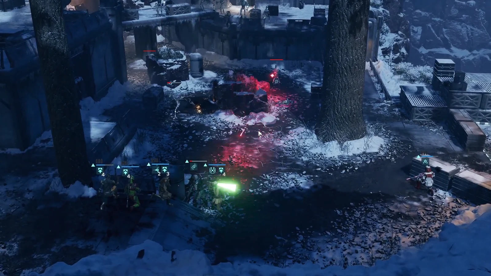 Squad activating an ability against red-marked Coil droids across a snowy battlefield during the retreat