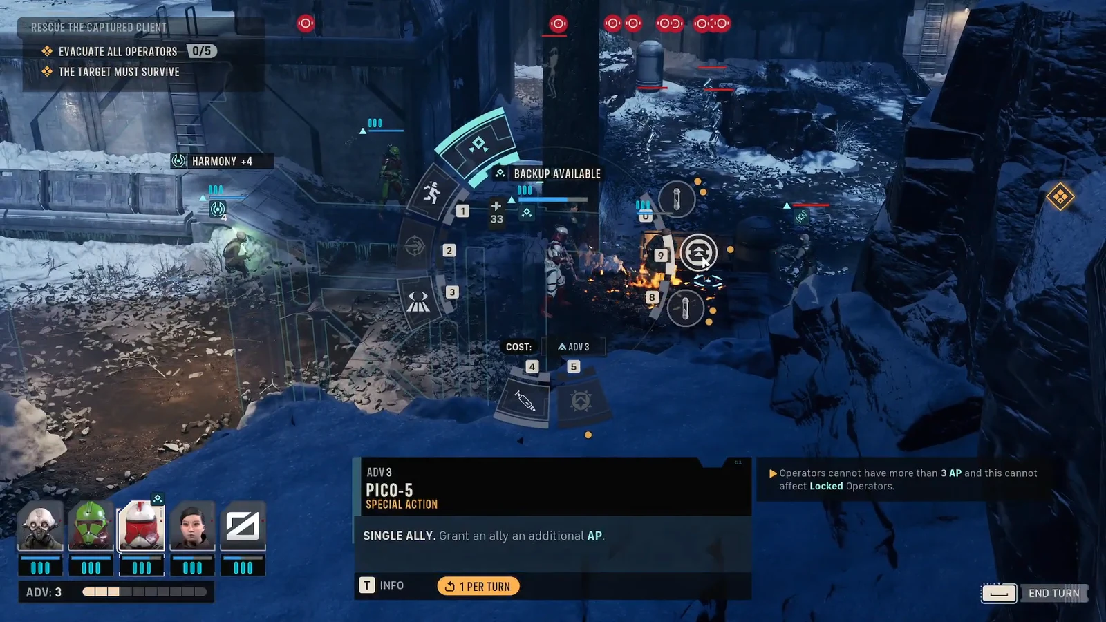 Radial menu highlighting PICO-5's Single Ally special action, which grants an ally extra AP