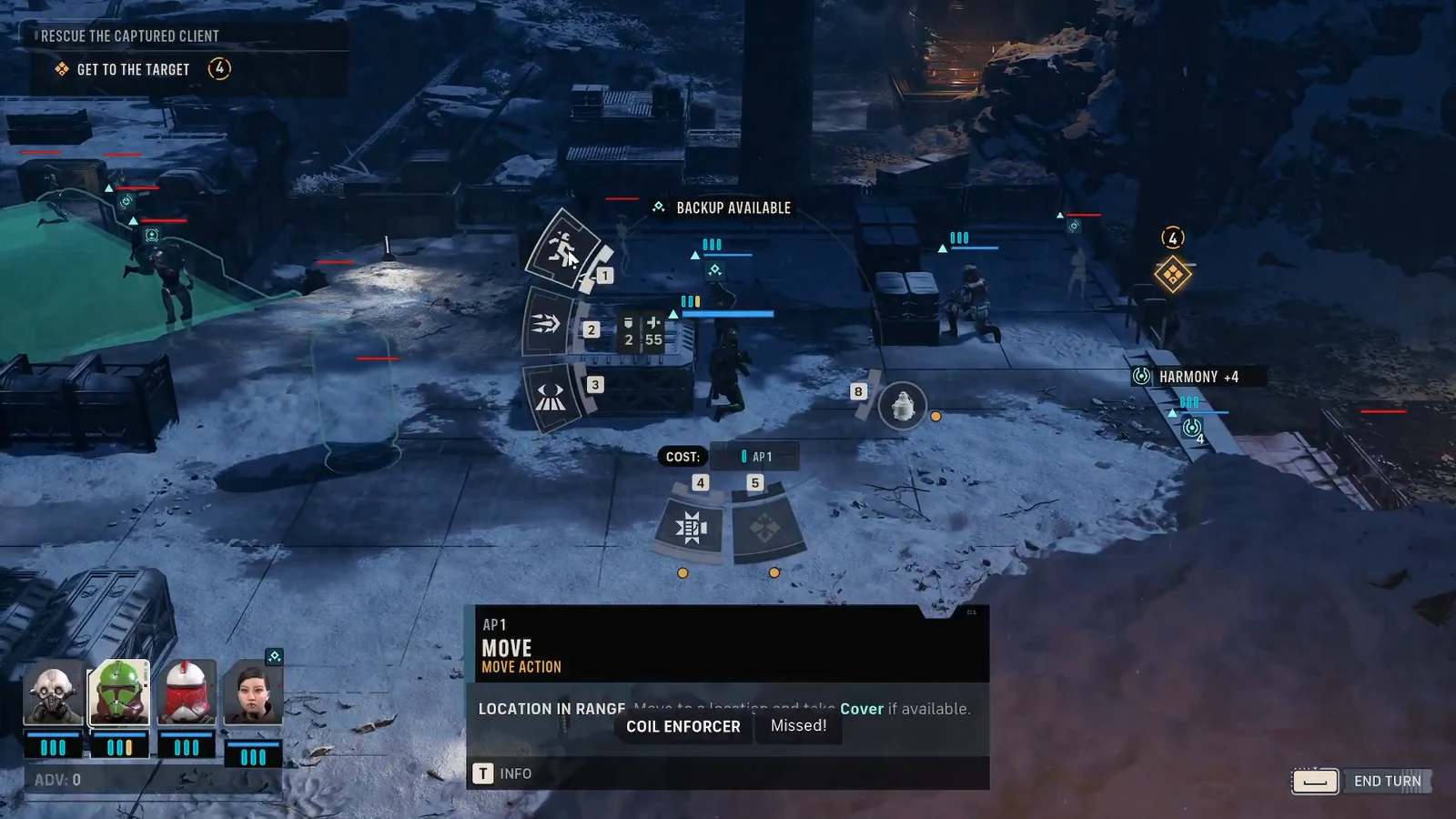 Radial action menu showing the 1 AP move option while the rescue objective is active