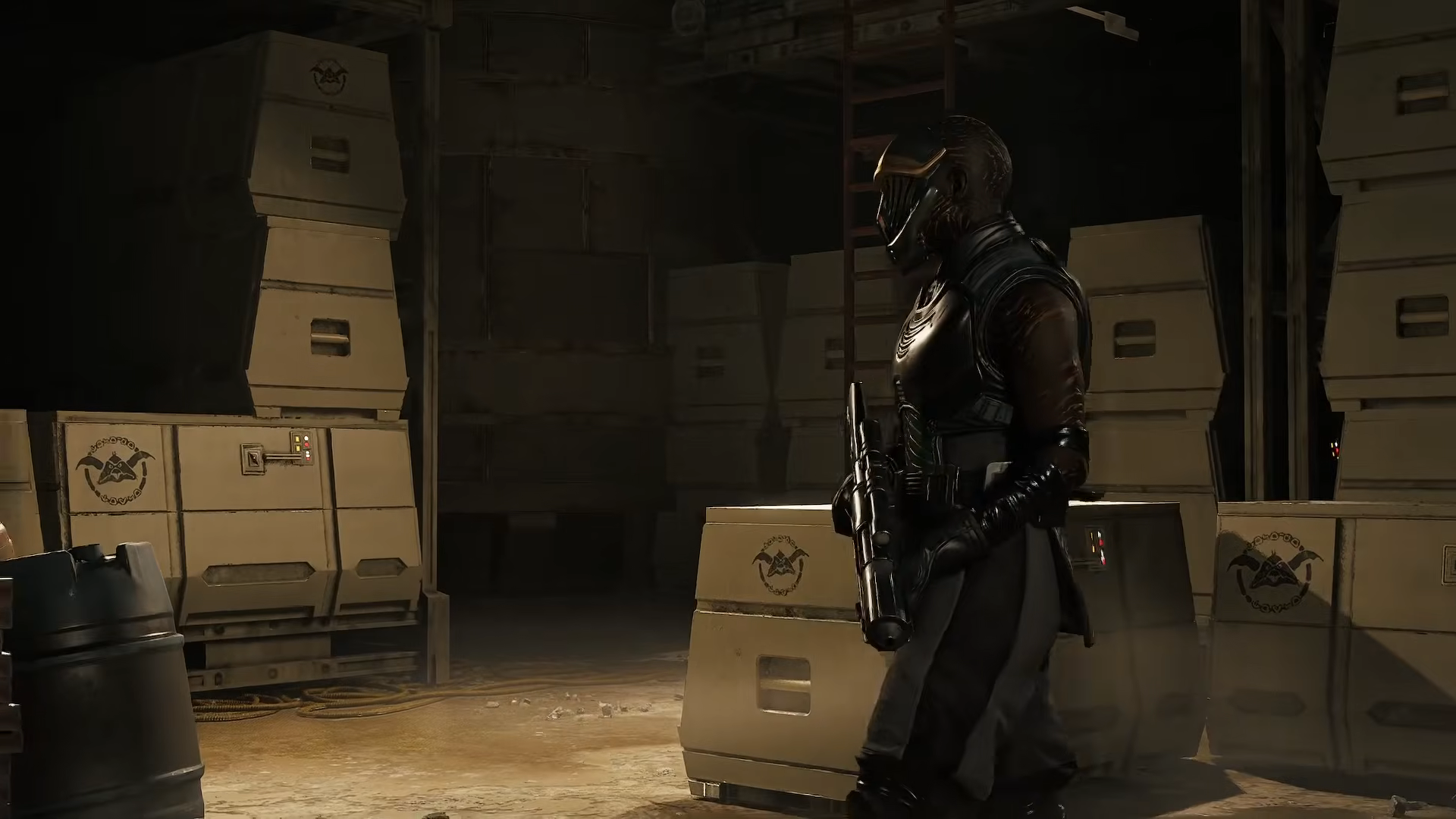 Tel-Rea fighting B1 battle droids in the warehouse with her green and blue lightsabers
