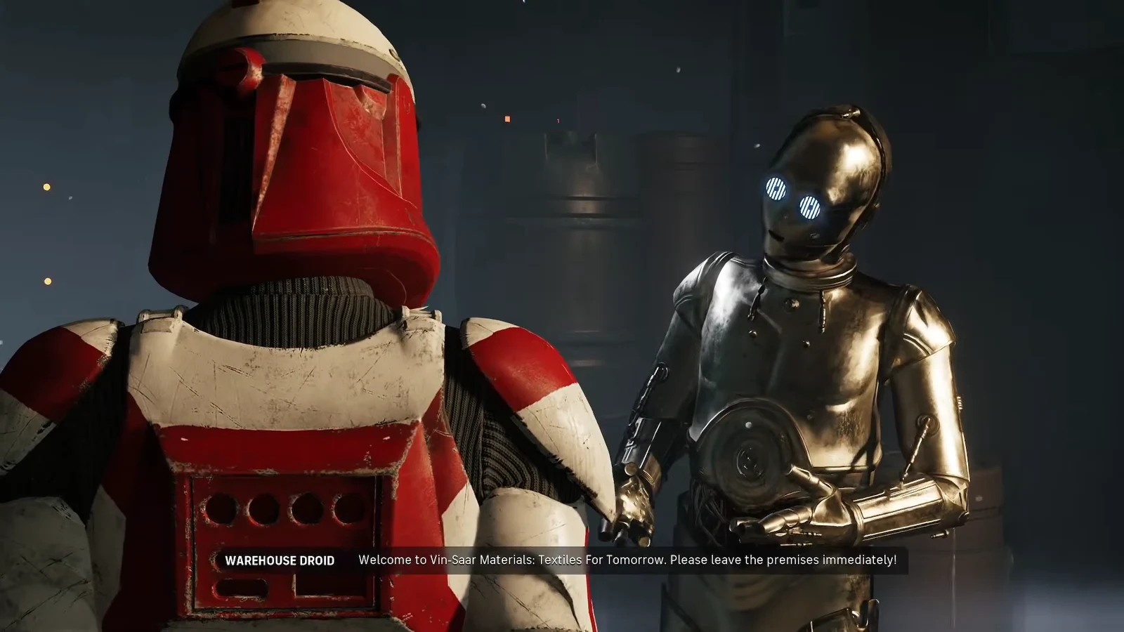 Warehouse Droid subtitle welcoming the player to Vin-Saar Materials and ordering them to leave