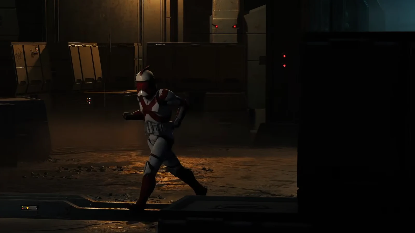 Clone trooper Hawks moving through a dark industrial corridor with the health HUD in the corner