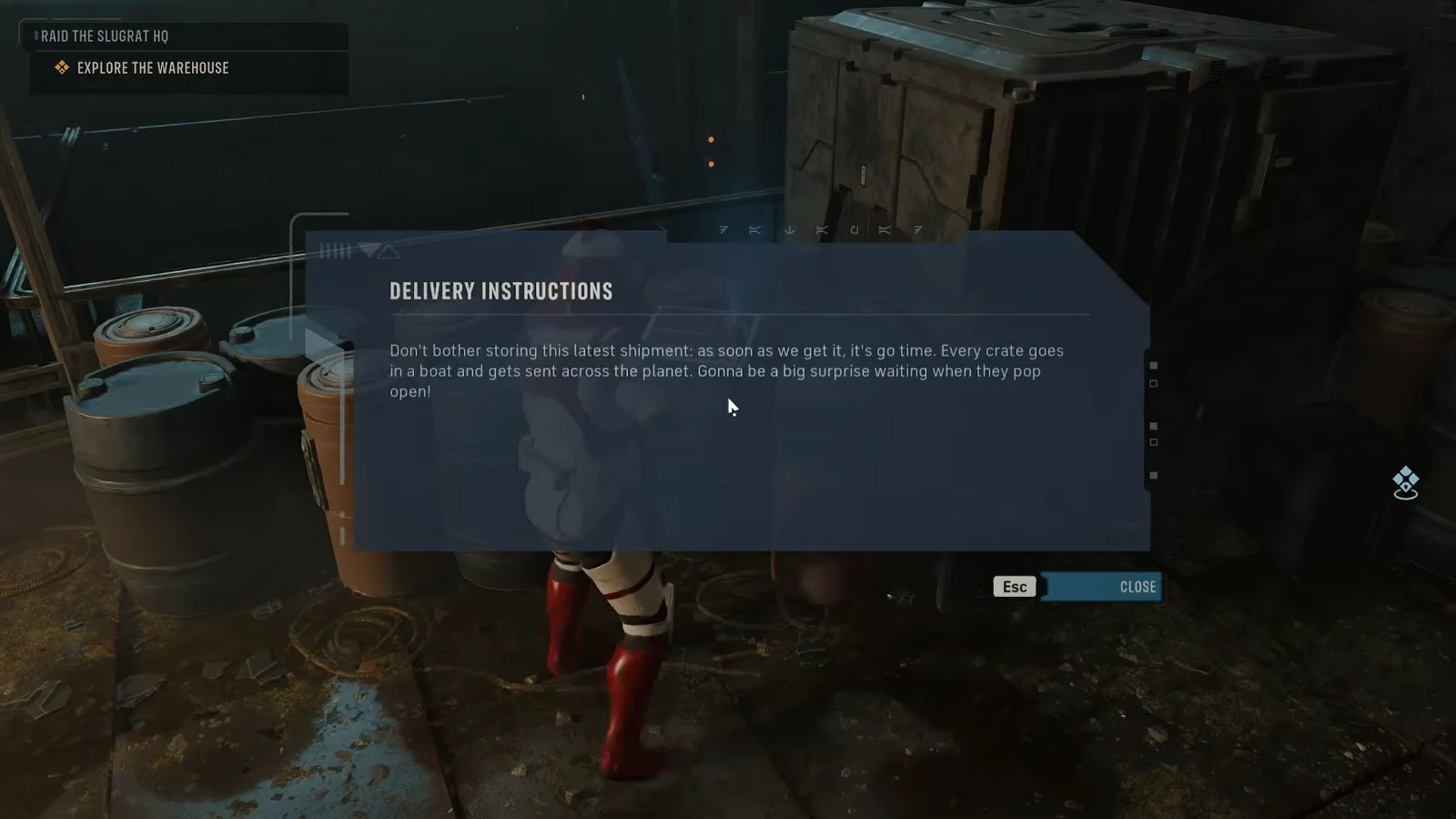 The Delivery Instructions datapad message open on screen with a Close button