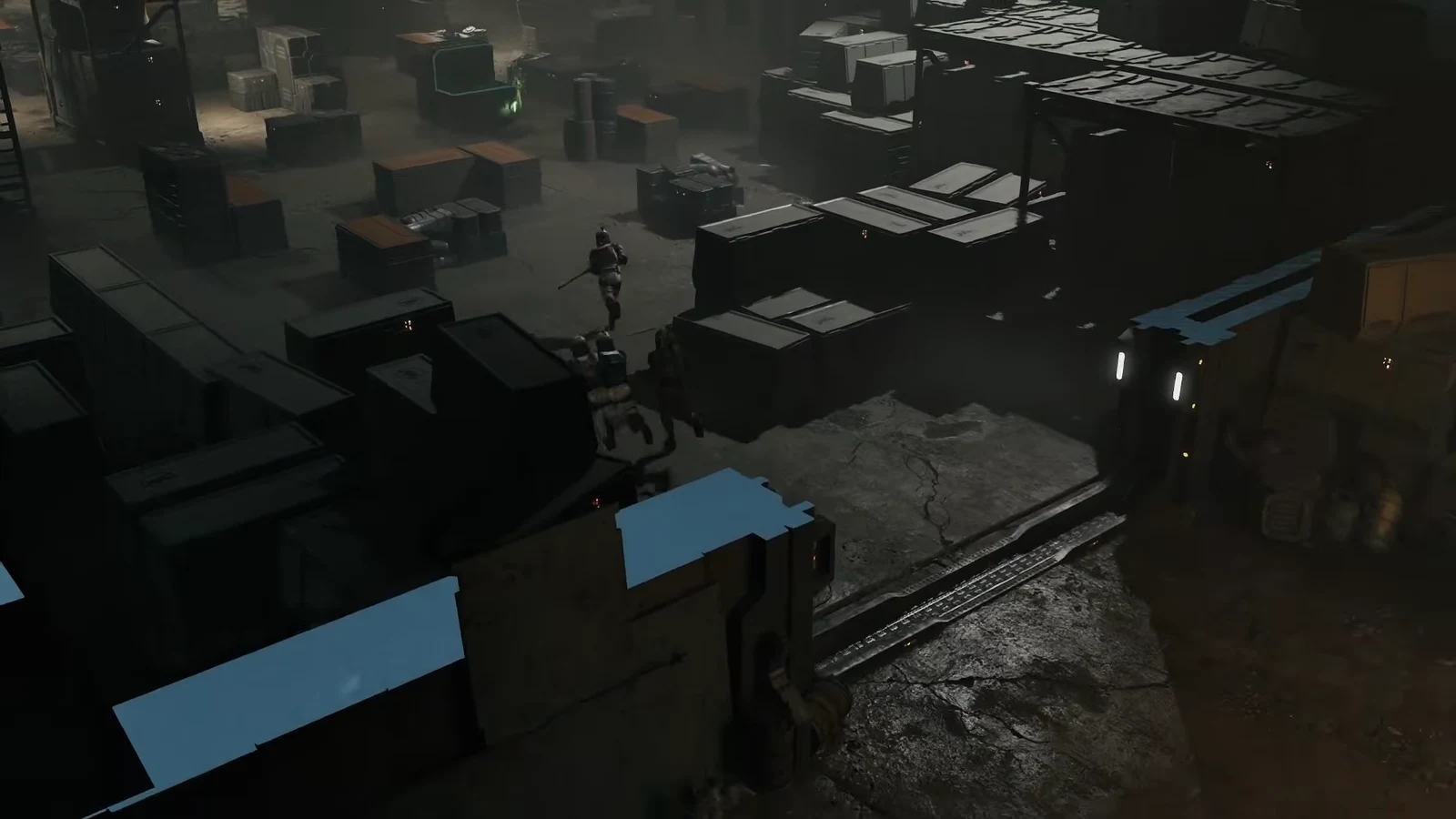 Dark warehouse interior with stacked cargo crates and blue-highlighted platform surfaces