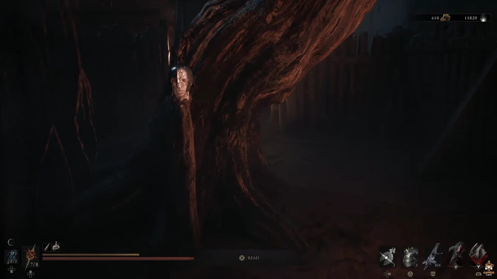 On-screen X READ prompt next to a readable object in the shrine yard