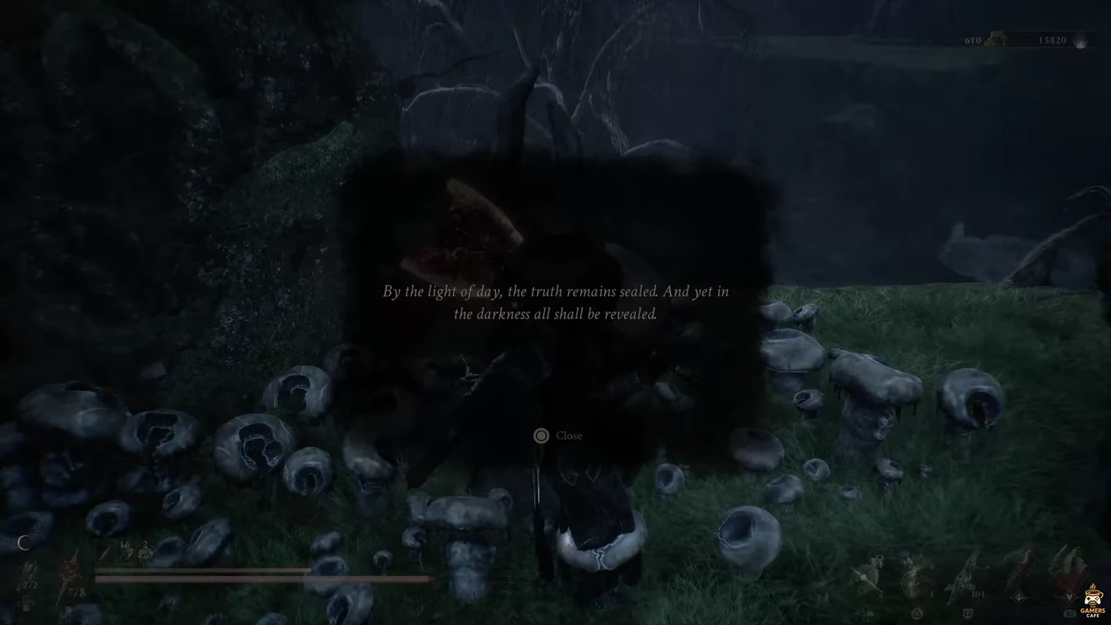 Lore popup reading By the light of day over the night village, Close prompt visible