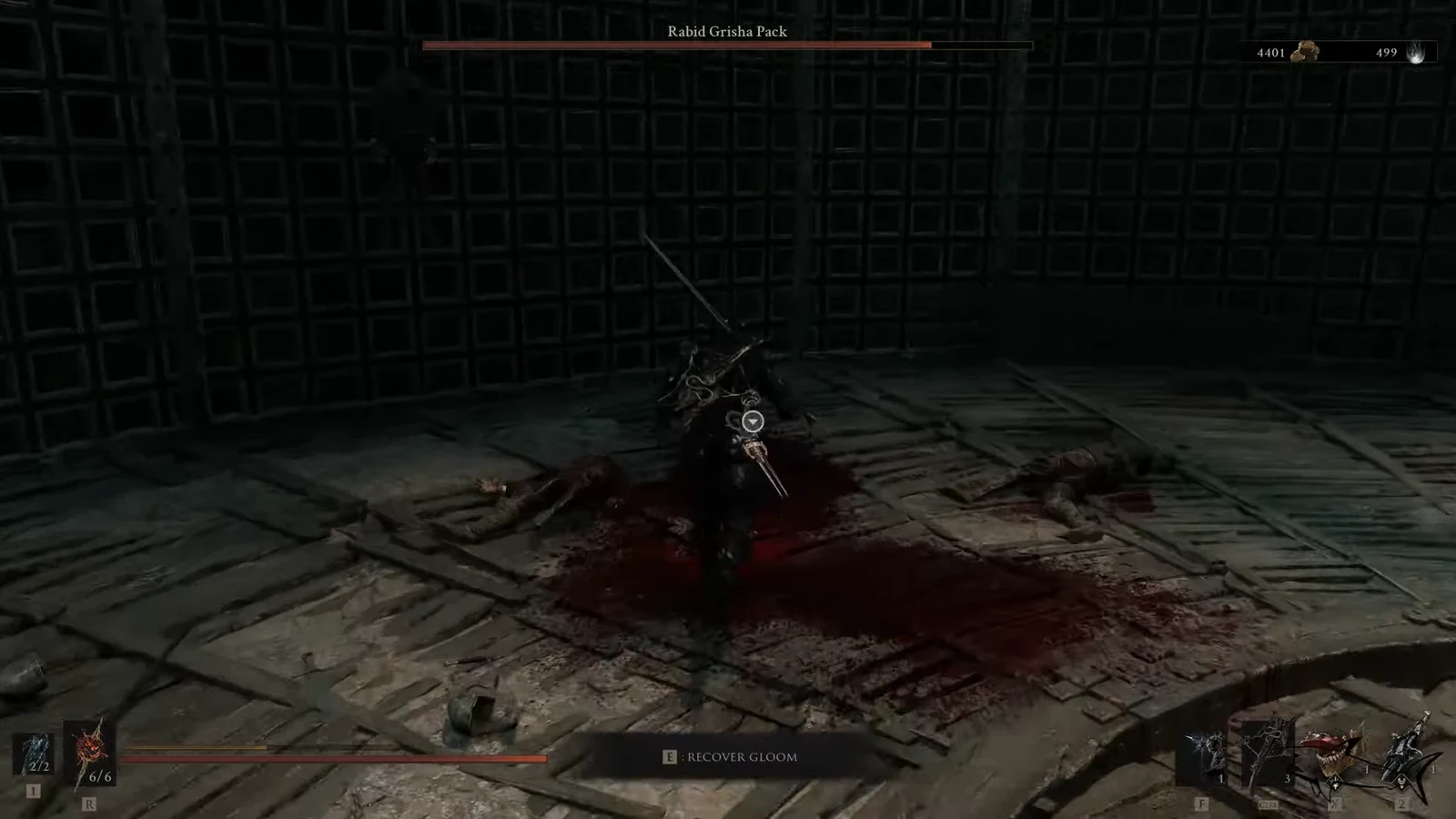 Gameplay screen showing an E: Recover Gloom prompt over a defeated Grisha