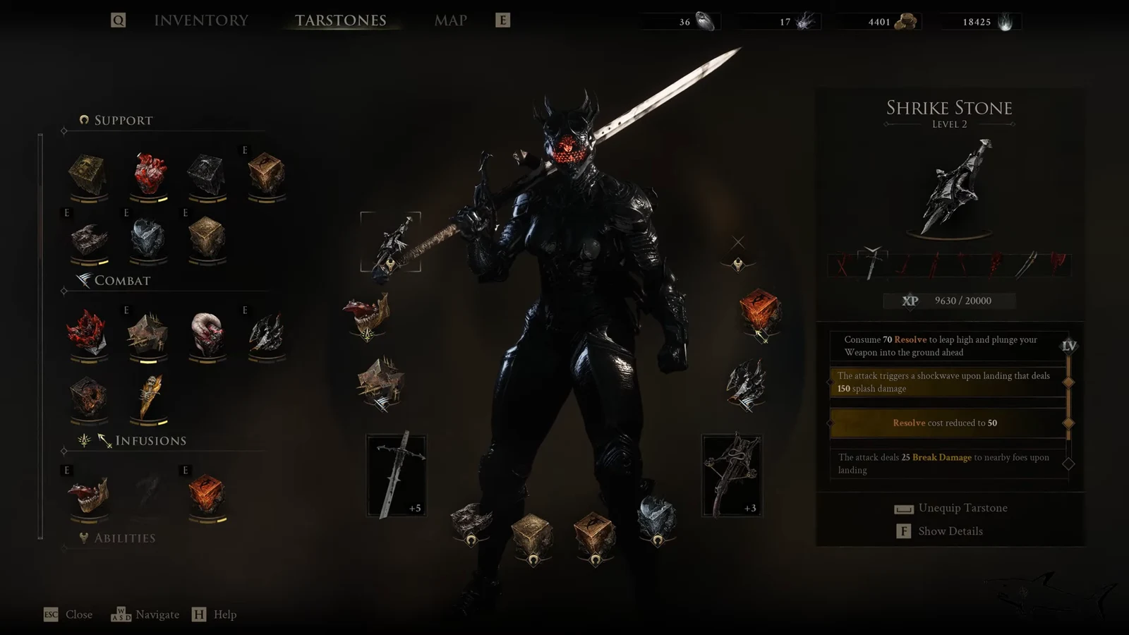 Tarstones menu showing the Shrike Stone at Level 2 with its shockwave upgrade details