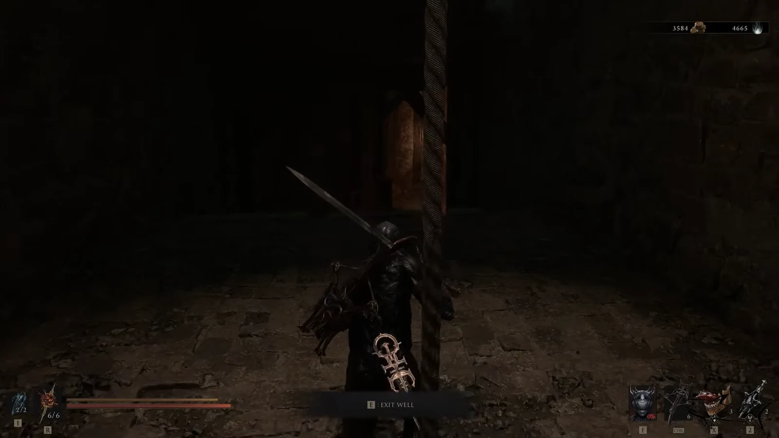 Gameplay screen showing the E: EXIT WELL prompt at the Holding Cells well entrance