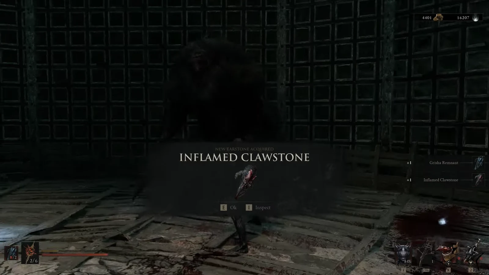 Loot notification reading NEW TARSTONE ACQUIRED: INFLAMED CLAWSTONE with confirm and inspect options