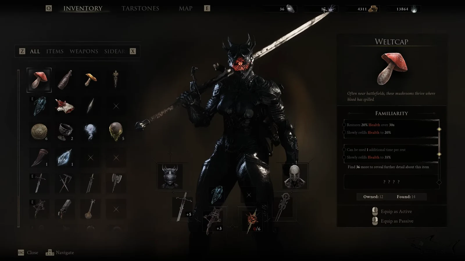 Inventory menu showing the Weltcap mushroom with its Familiarity upgrade and equip options