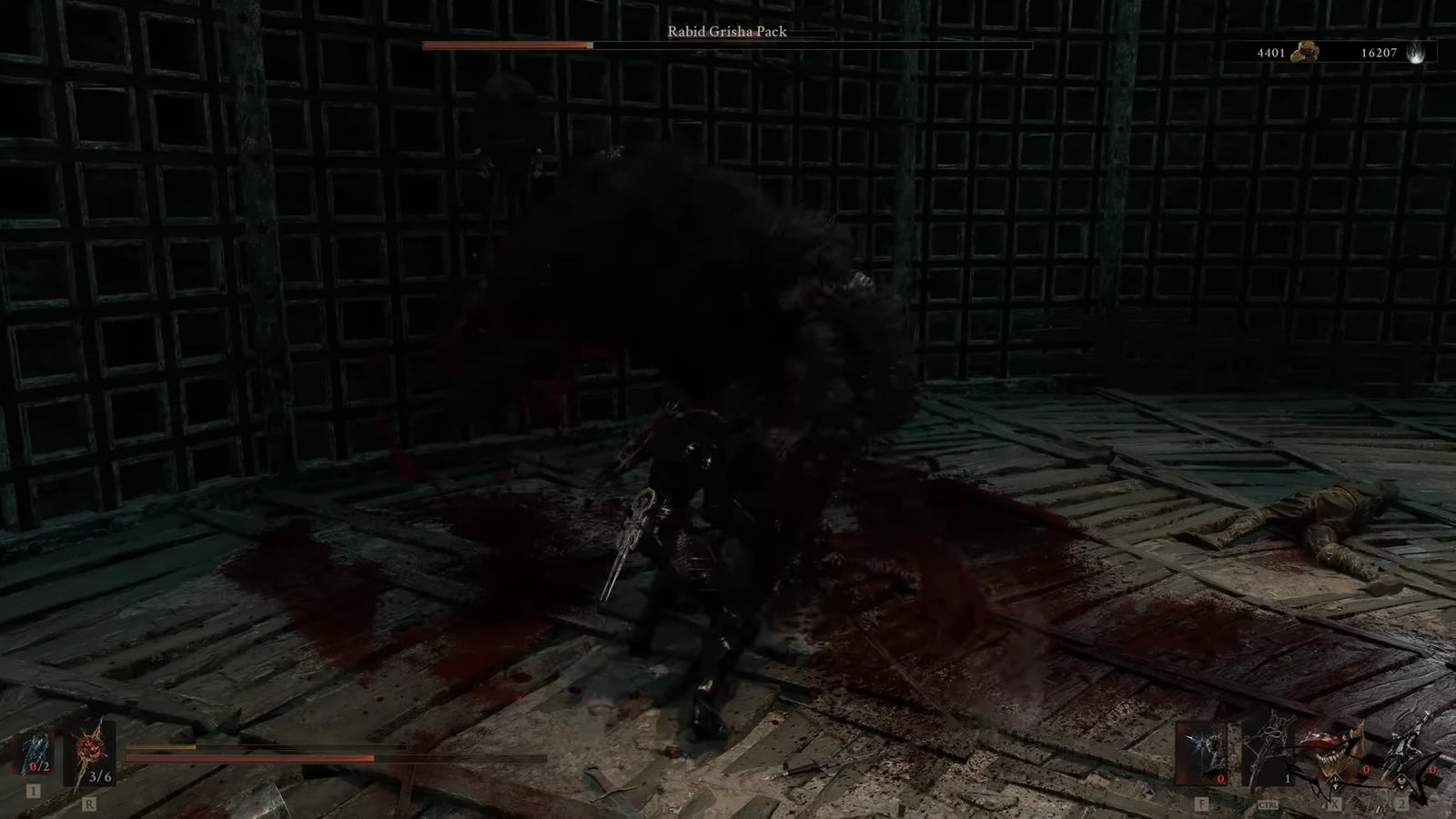 Player striking the surviving Rabid Grisha with its health bar shown at the top of the screen